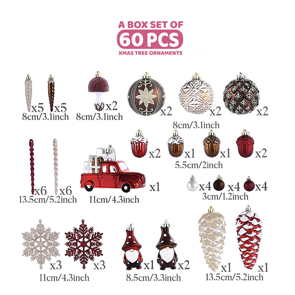 60 pcs Maroon, Brown & Gold Pinecone themed Christmas Balls tree hanging, Xmas Decoration set.