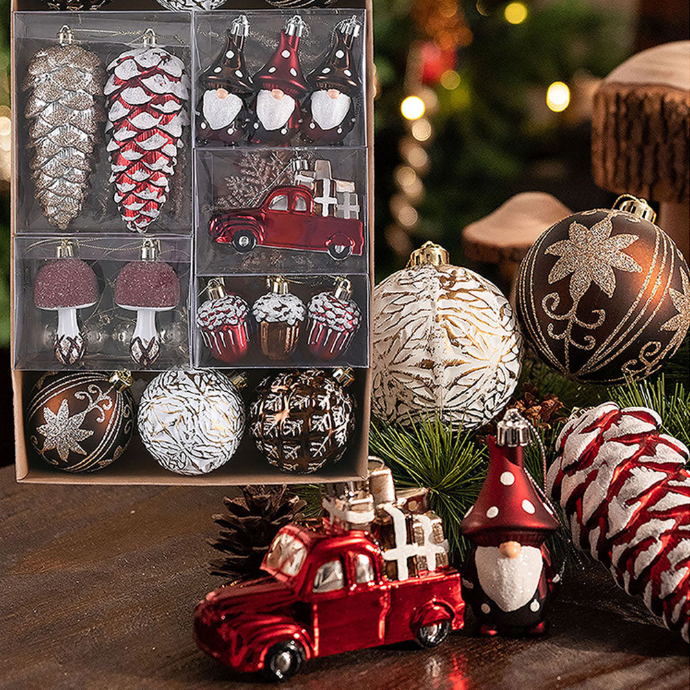 60 pcs Maroon, Brown & Gold Pinecone themed Christmas Balls tree hanging, Xmas Decoration set.