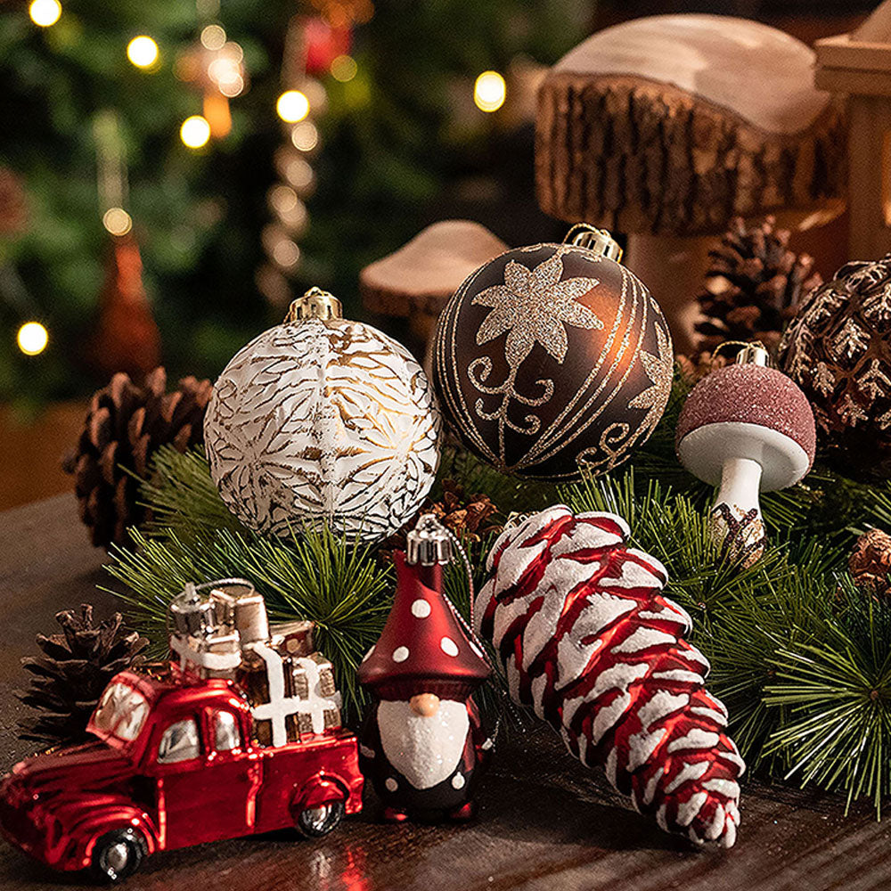 60 pcs Maroon, Brown & Gold Pinecone themed Christmas Balls tree hanging, Xmas Decoration set.