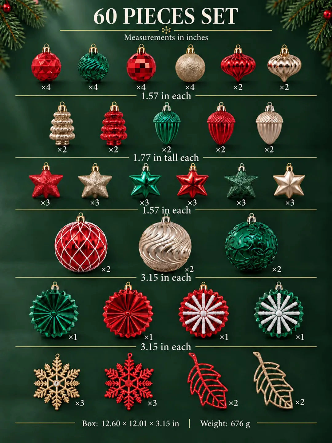 60 pcs Festive Red, Green & Gold Christmas Tree Ornaments, Xmas Tree Decoration Balls Set