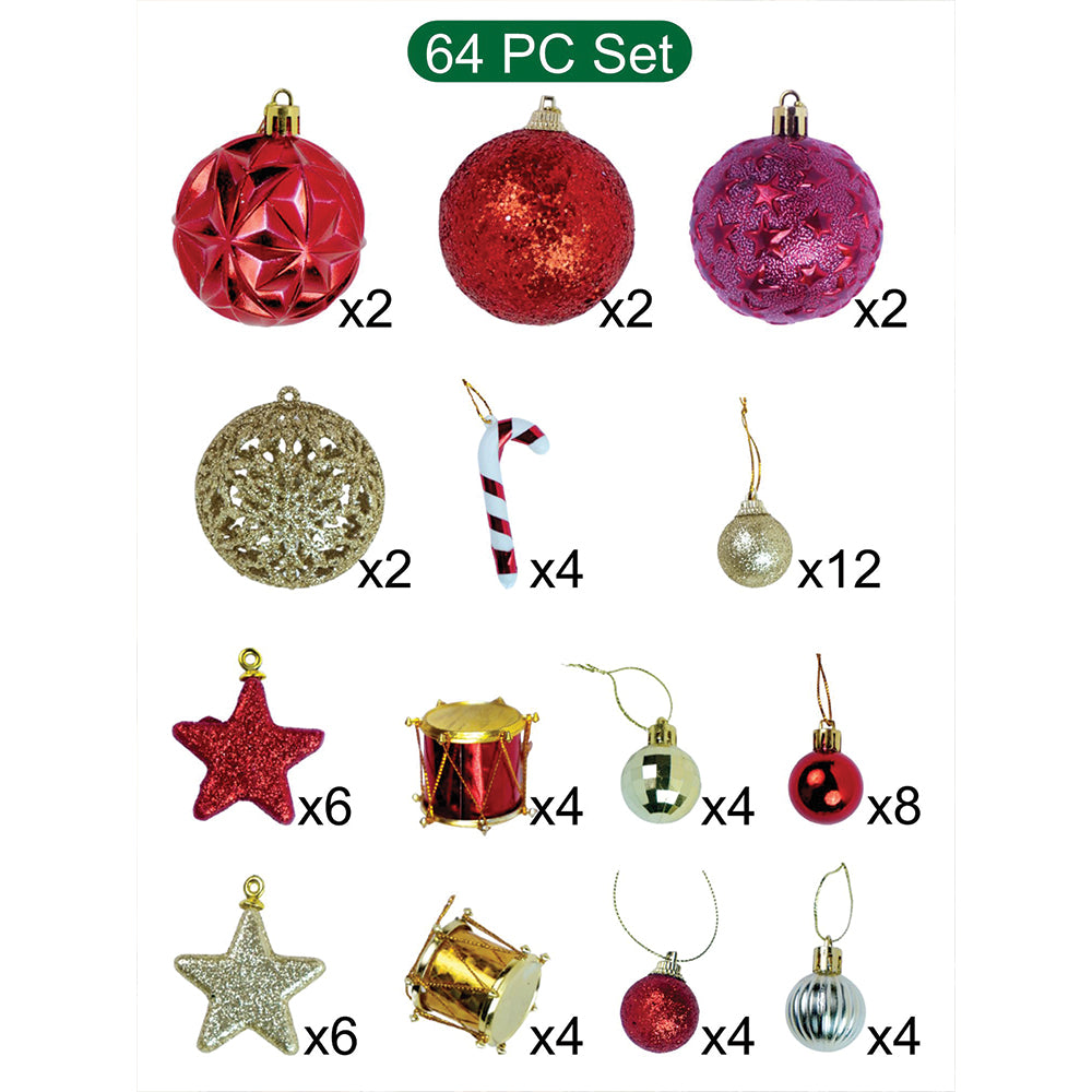 64 pcs  Red & Gold Mix themed Christmas Balls tree hanging, XMAS Decoration set.