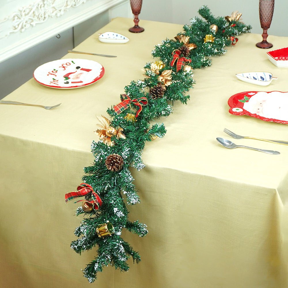 6 feet Gold, Green Red Bows, Xmas Garland filled with , cherries, Snow dust fillers & pinecones Christmas Garland for Home and Table Décor