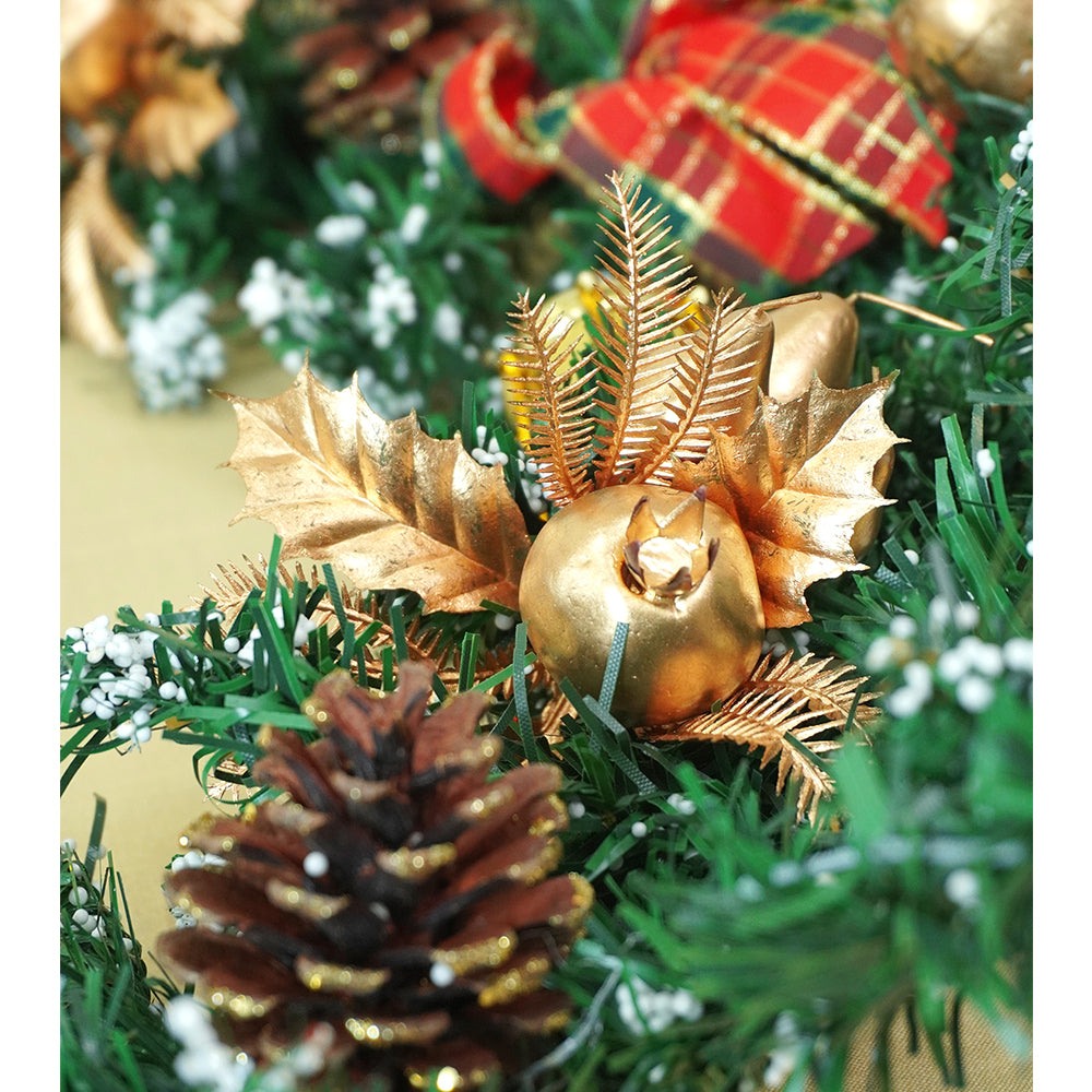 6 feet Gold, Green Red Bows, Xmas Garland filled with , cherries, Snow dust fillers & pinecones Christmas Garland for Home and Table Décor