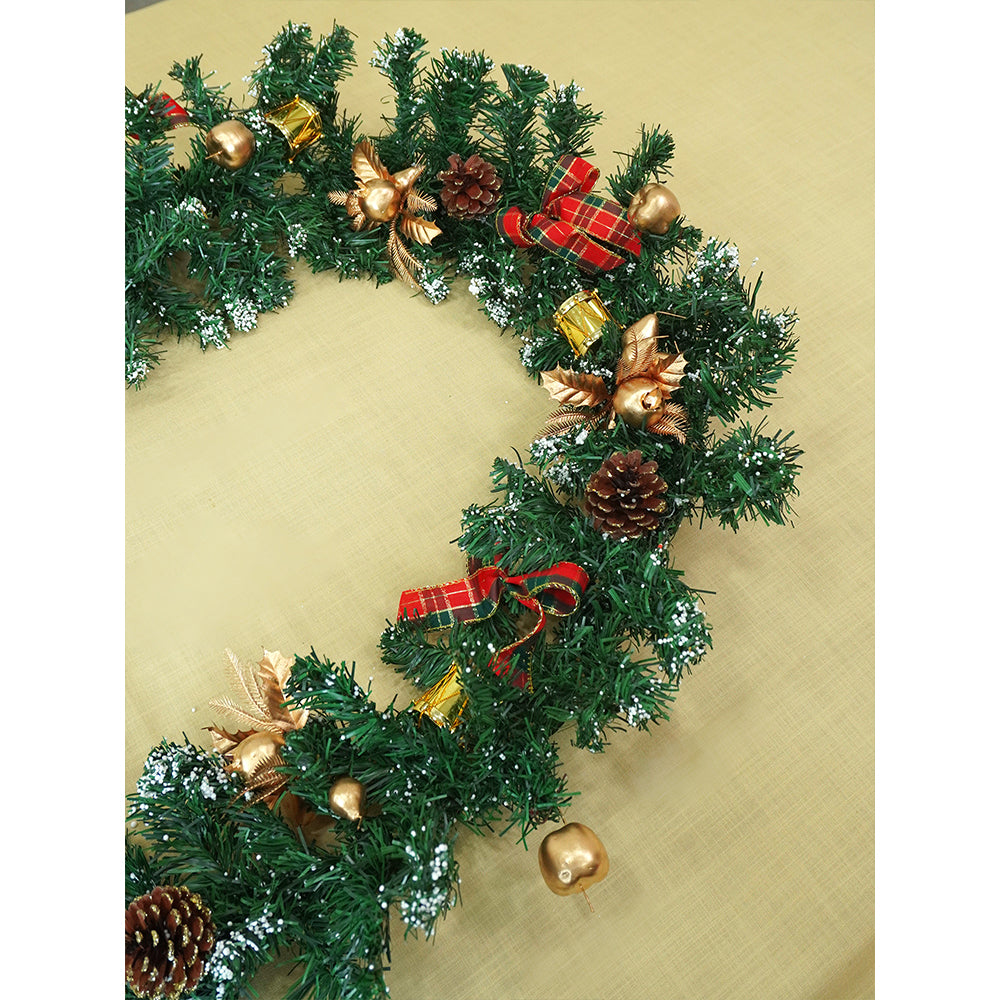 6 feet Gold, Green Red Bows, Xmas Garland filled with , cherries, Snow dust fillers & pinecones Christmas Garland for Home and Table Décor