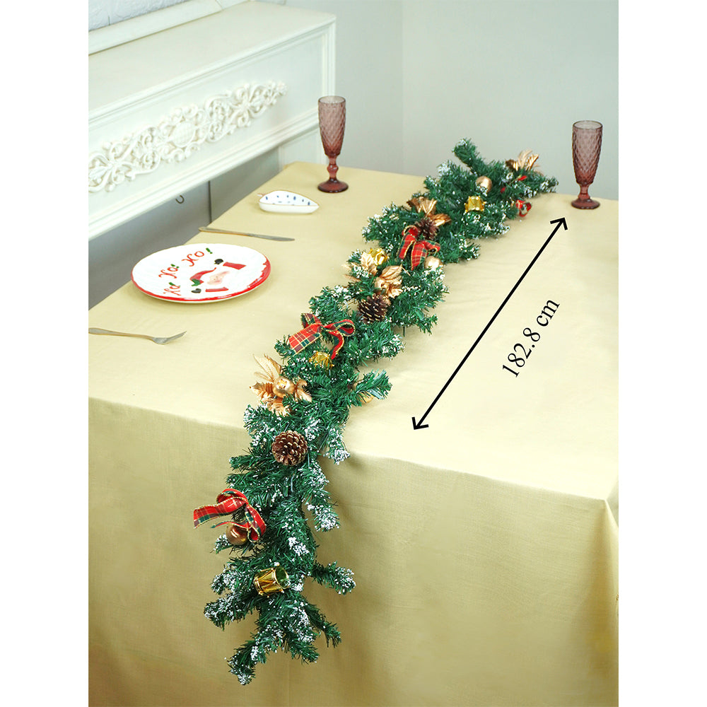 6 feet Gold, Green Red Bows, Xmas Garland filled with , cherries, Snow dust fillers & pinecones Christmas Garland for Home and Table Décor