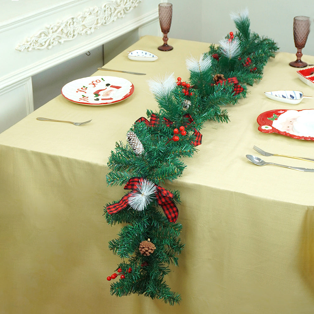 6 feet Red Black Bow ,Deep Green Xmas Garland filled with , cherries, Snow dust fillers & Pinecones Christmas Garland for Home and Table Décor