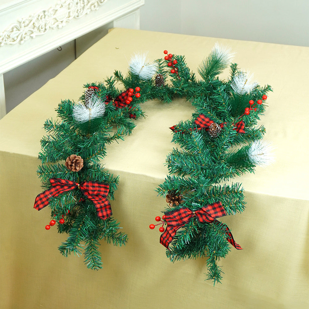 6 feet Red Black Bow ,Deep Green Xmas Garland filled with , cherries, Snow dust fillers & Pinecones Christmas Garland for Home and Table Décor