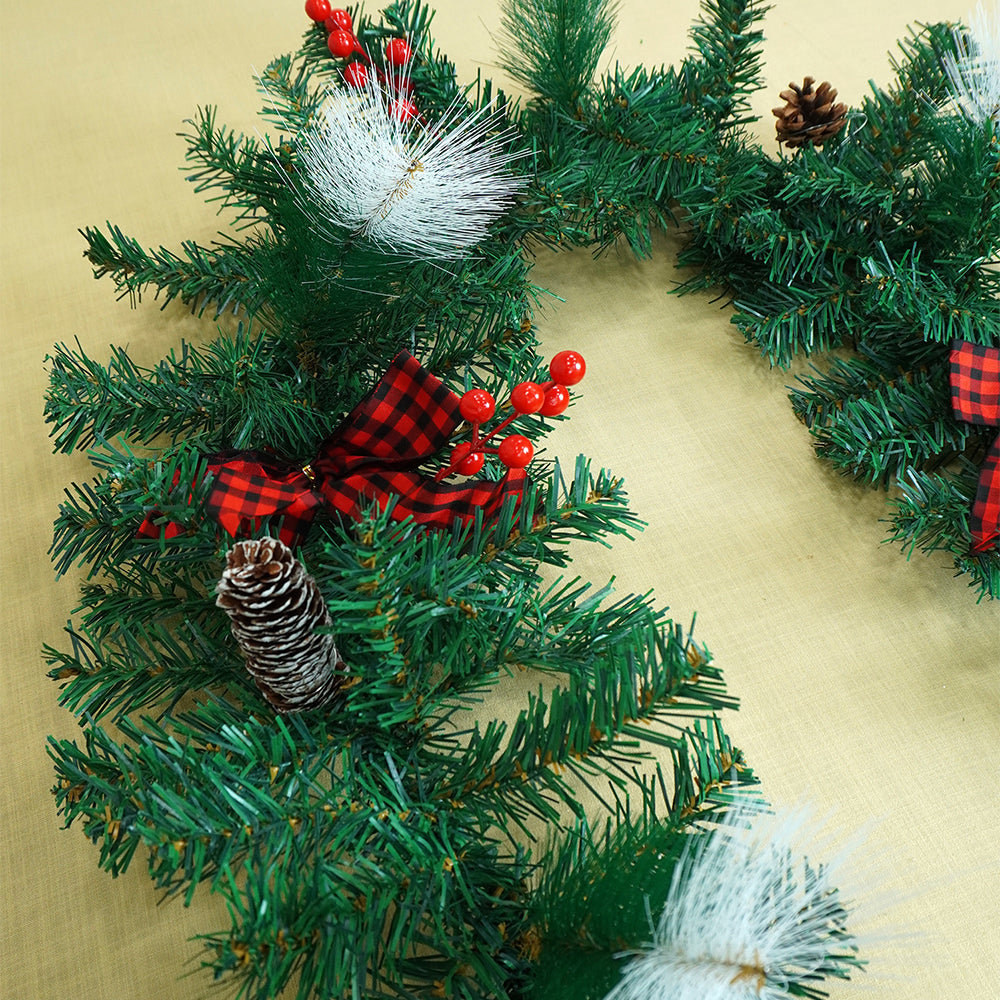 6 feet Red Black Bow ,Deep Green Xmas Garland filled with , cherries, Snow dust fillers & Pinecones Christmas Garland for Home and Table Décor