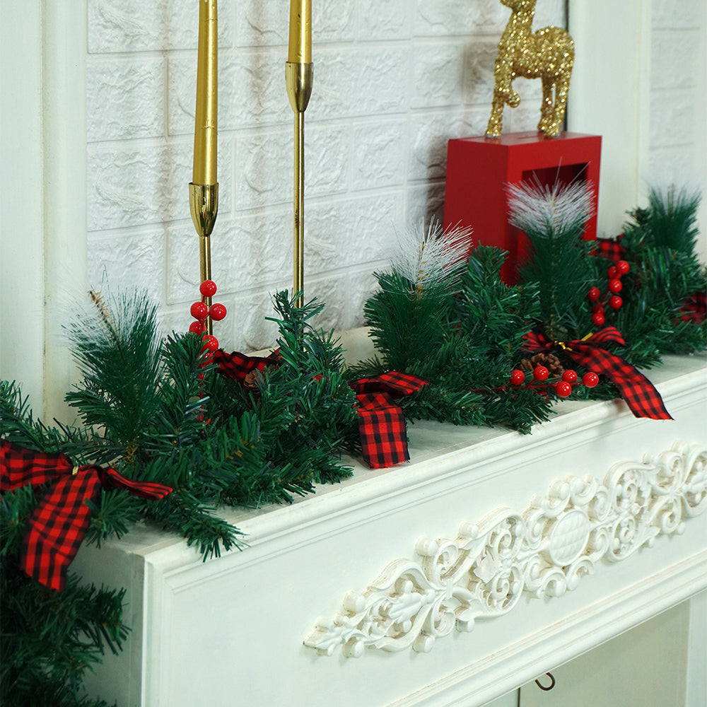6 feet Red Black Bow ,Deep Green Xmas Garland filled with , cherries, Snow dust fillers & Pinecones Christmas Garland for Home and Table Décor