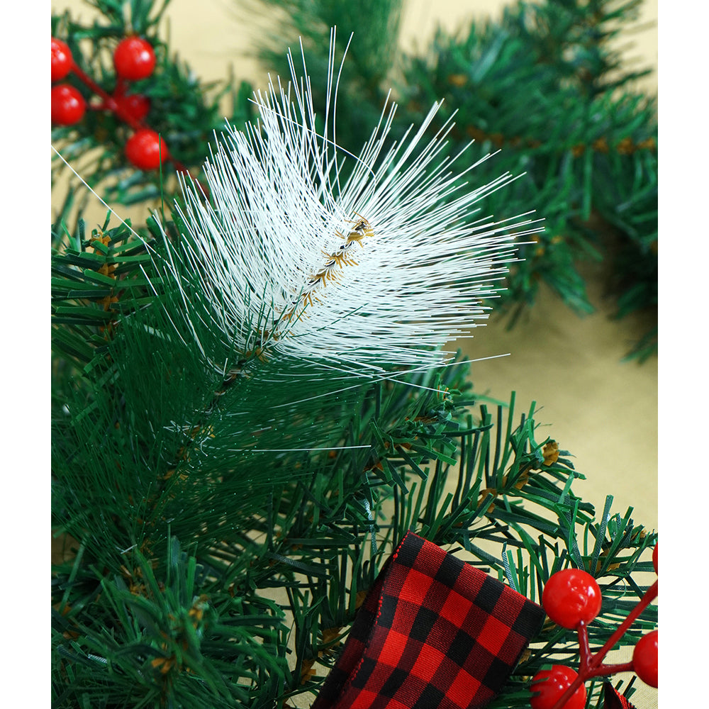 6 feet Red Black Bow ,Deep Green Xmas Garland filled with , cherries, Snow dust fillers & Pinecones Christmas Garland for Home and Table Décor