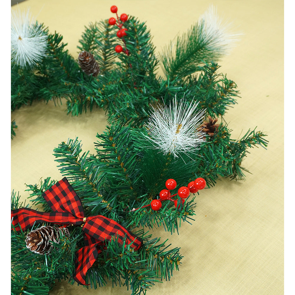 6 feet Red Black Bow ,Deep Green Xmas Garland filled with , cherries, Snow dust fillers & Pinecones Christmas Garland for Home and Table Décor