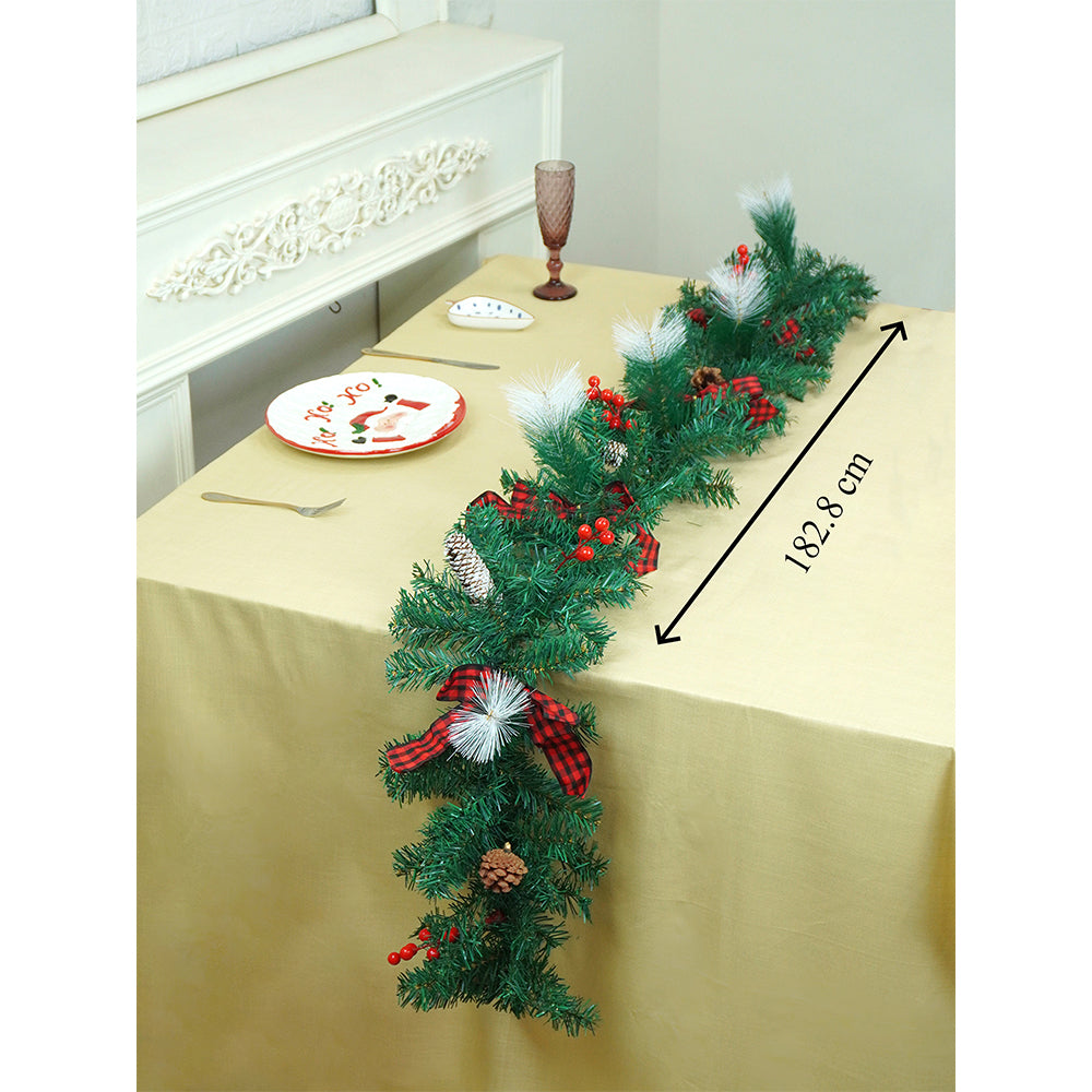 6 feet Red Black Bow ,Deep Green Xmas Garland filled with , cherries, Snow dust fillers & Pinecones Christmas Garland for Home and Table Décor