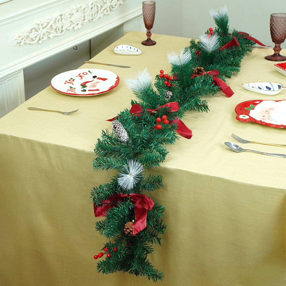 6 feet Red Gold Bow ,Deep Green Xmas Garland filled with , cherries, Snow dust fillers & Pinecones Christmas Garland for Home and Table Décor