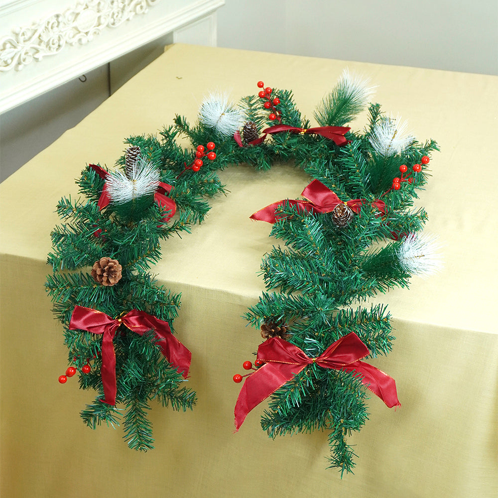 6 feet Red Gold Bow ,Deep Green Xmas Garland filled with , cherries, Snow dust fillers & Pinecones Christmas Garland for Home and Table Décor