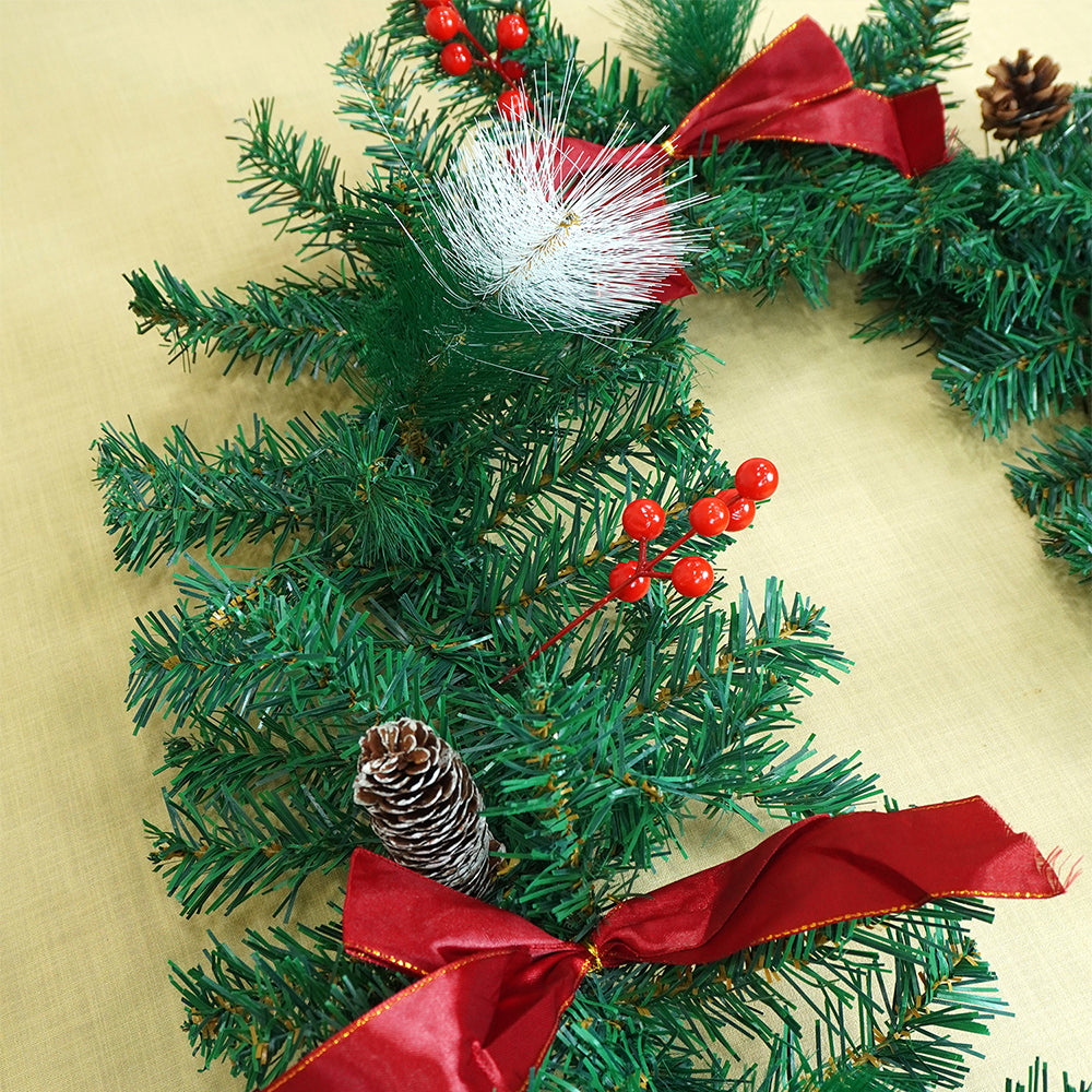 6 feet Red Gold Bow ,Deep Green Xmas Garland filled with , cherries, Snow dust fillers & Pinecones Christmas Garland for Home and Table Décor
