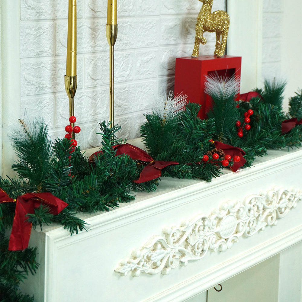 6 feet Red Gold Bow ,Deep Green Xmas Garland filled with , cherries, Snow dust fillers & Pinecones Christmas Garland for Home and Table Décor