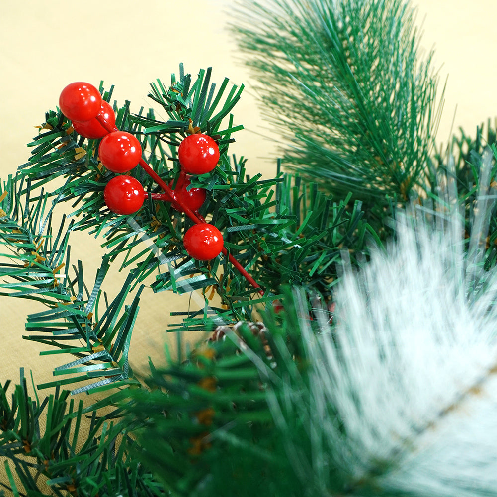 6 feet Red Gold Bow ,Deep Green Xmas Garland filled with , cherries, Snow dust fillers & Pinecones Christmas Garland for Home and Table Décor