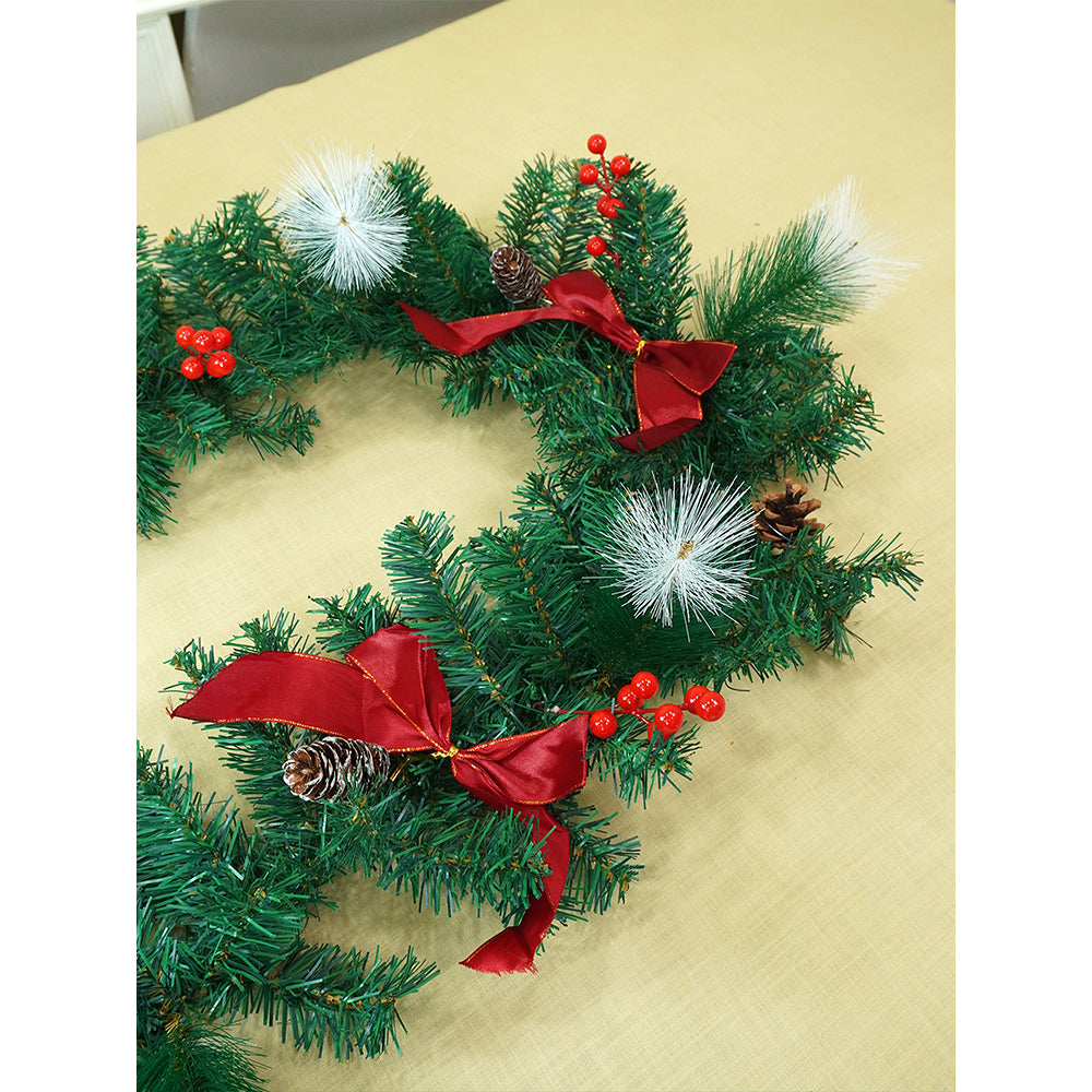 6 feet Red Gold Bow ,Deep Green Xmas Garland filled with , cherries, Snow dust fillers & Pinecones Christmas Garland for Home and Table Décor