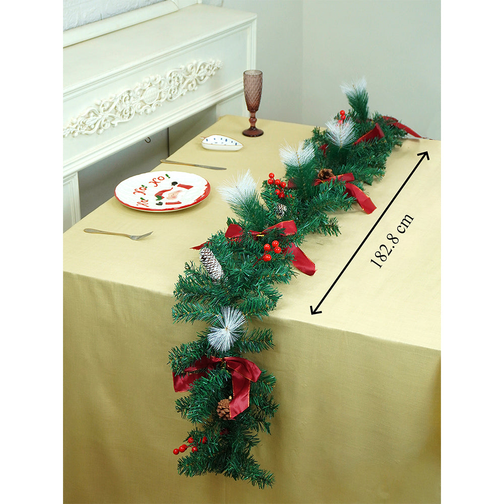 6 feet Red Gold Bow ,Deep Green Xmas Garland filled with , cherries, Snow dust fillers & Pinecones Christmas Garland for Home and Table Décor