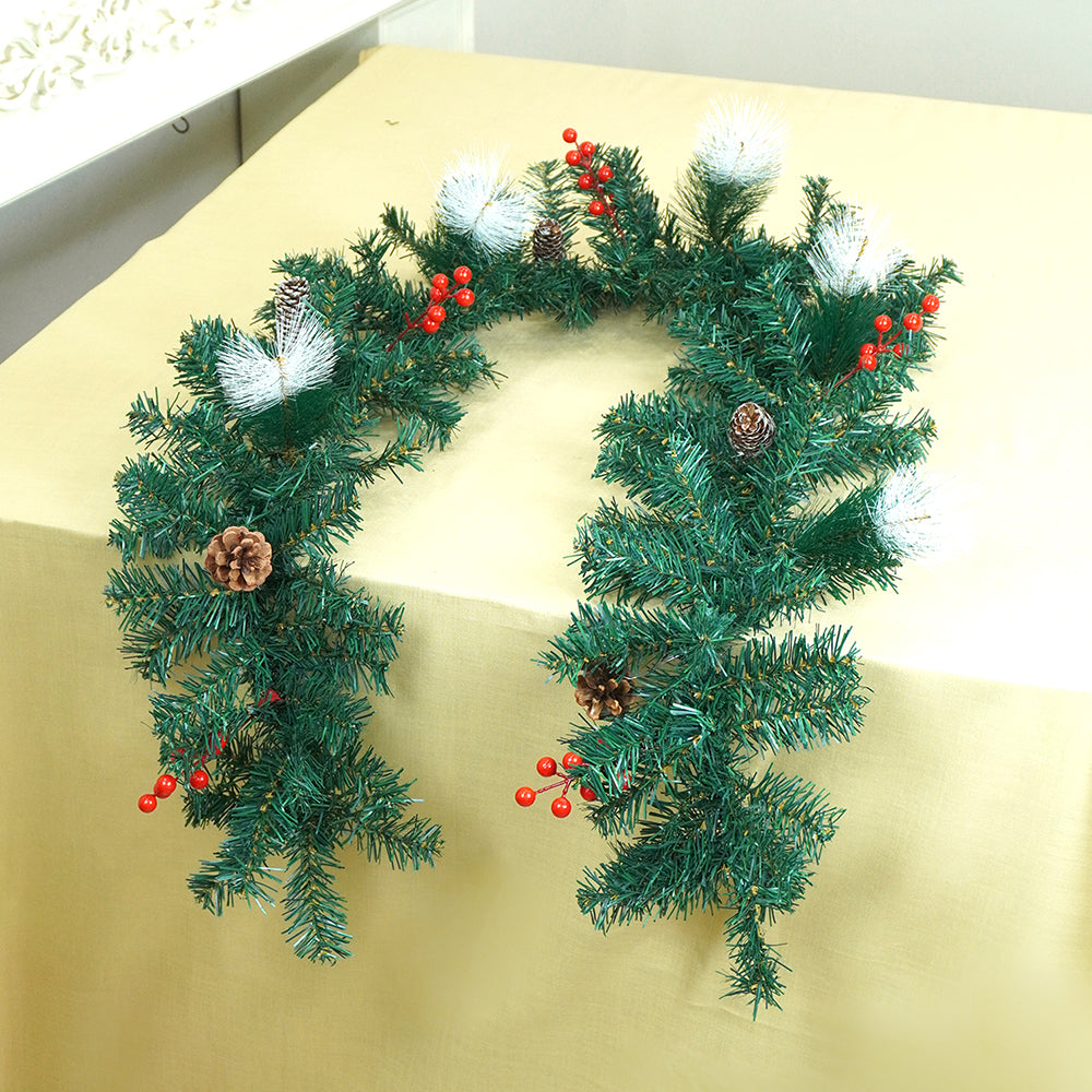 6 feet Deep Green Xmas Garland filled with , cherries, Snow dust fillers & Pinecones Christmas Garland for Home and Table Décor