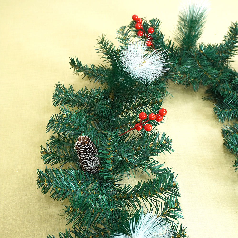 6 feet Deep Green Xmas Garland filled with , cherries, Snow dust fillers & Pinecones Christmas Garland for Home and Table Décor