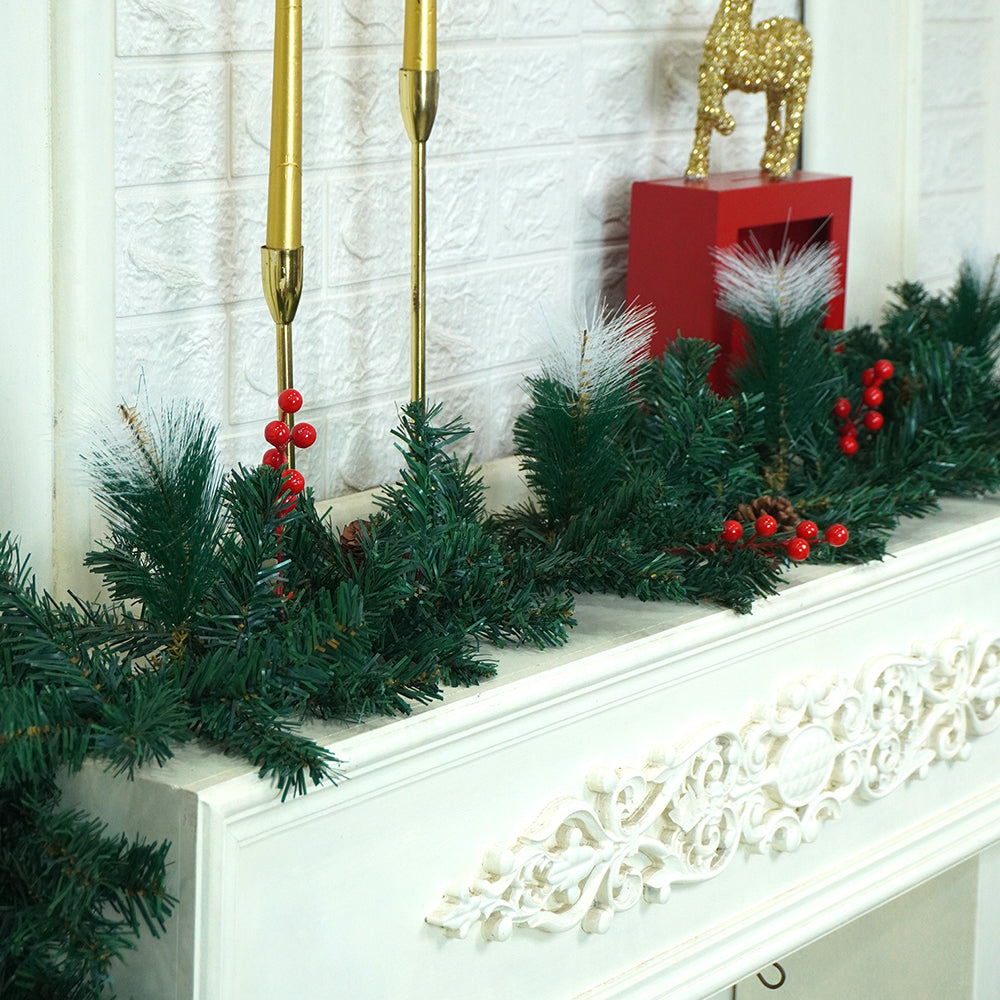 6 feet Deep Green Xmas Garland filled with , cherries, Snow dust fillers & Pinecones Christmas Garland for Home and Table Décor