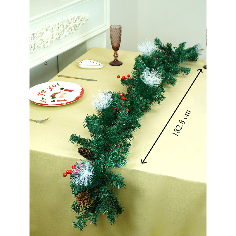 6 feet Deep Green Xmas Garland filled with , cherries, Snow dust fillers & Pinecones Christmas Garland for Home and Table Décor