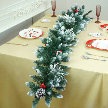6 feet Snow Dust , Green Xmas Garland filled with , cherries, Snow dust fillers & Snow Pinecones Christmas Garland for Home and Table Décor