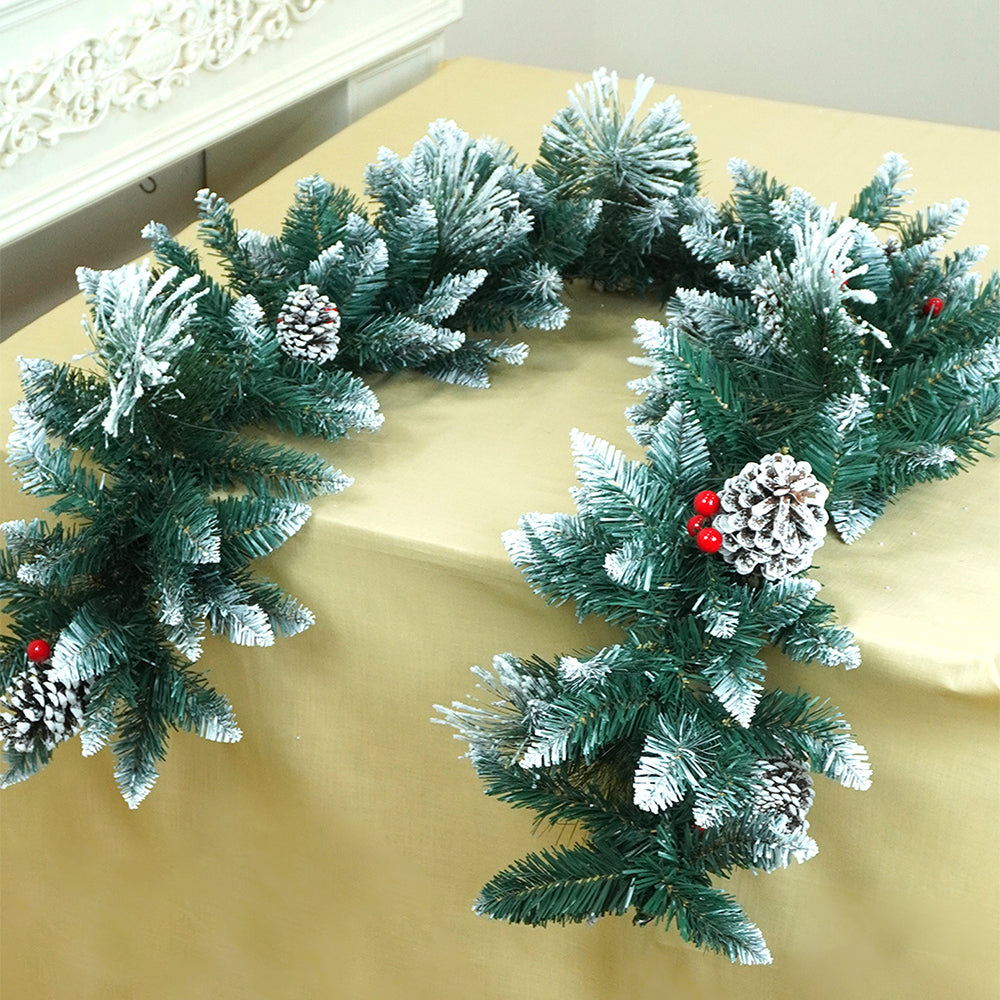 6 feet Snow Dust , Green Xmas Garland filled with , cherries, Snow dust fillers & Snow Pinecones Christmas Garland for Home and Table Décor