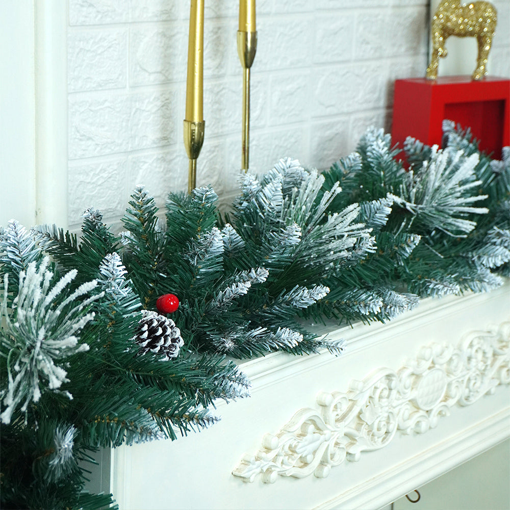 6 feet Snow Dust , Green Xmas Garland filled with , cherries, Snow dust fillers & Snow Pinecones Christmas Garland for Home and Table Décor