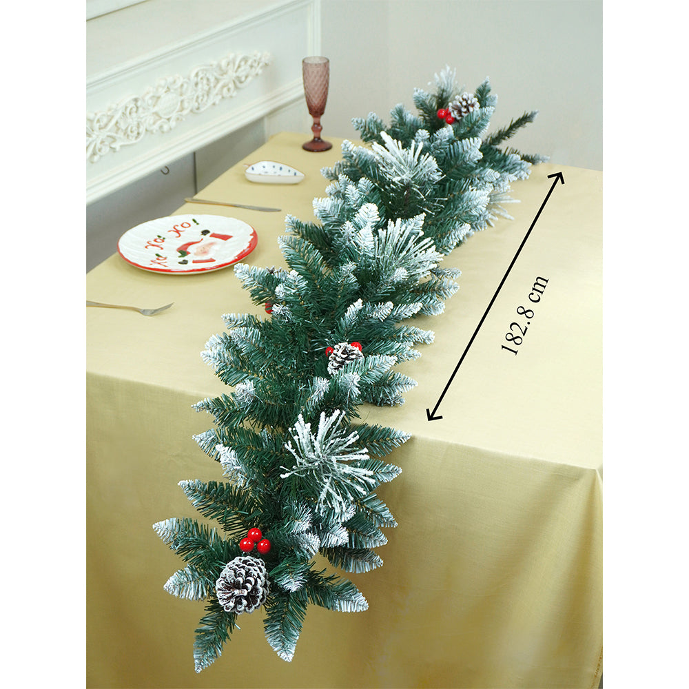 6 feet Snow Dust , Green Xmas Garland filled with , cherries, Snow dust fillers & Snow Pinecones Christmas Garland for Home and Table Décor