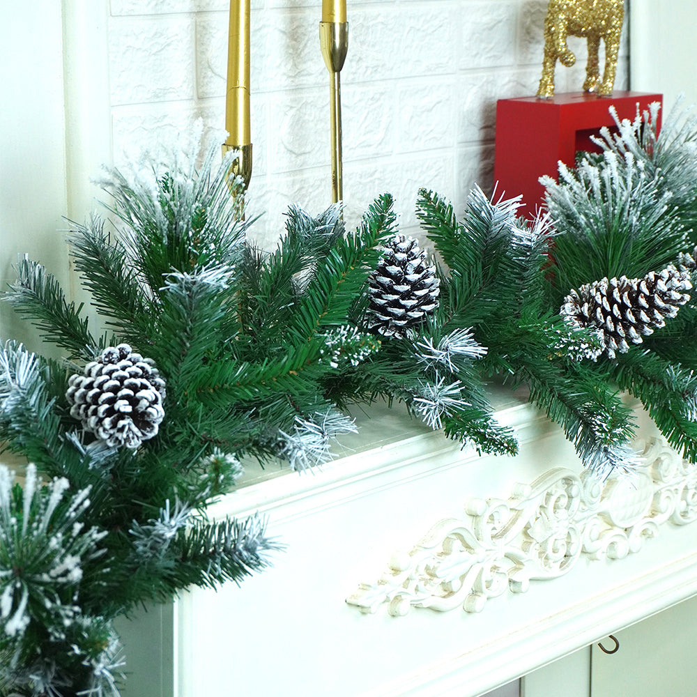 6 feet Snow Dust , Green Xmas Garland filled with Snow dust fillers & Snow Pinecones Christmas Garland for Home and Table Décor
