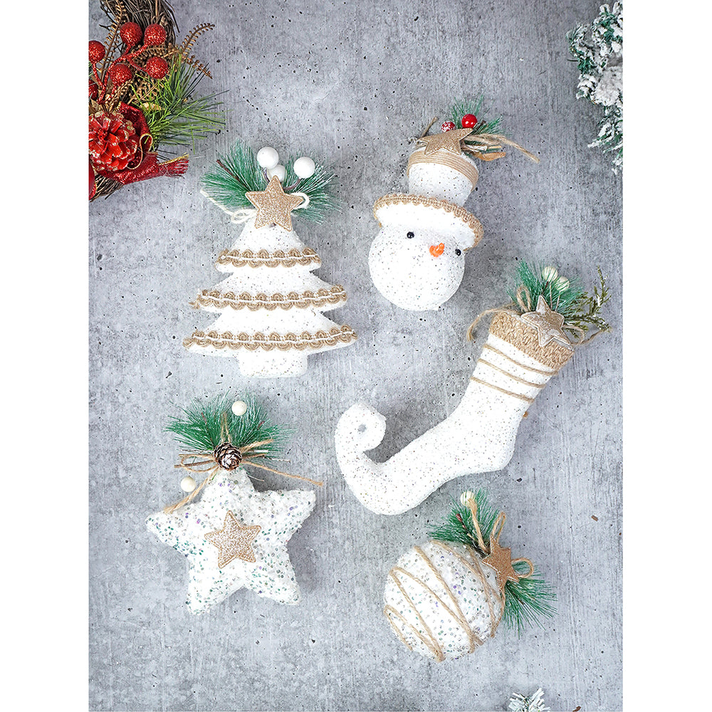 5 pcs Glitter Jute themed Christmas Tree Ornaments