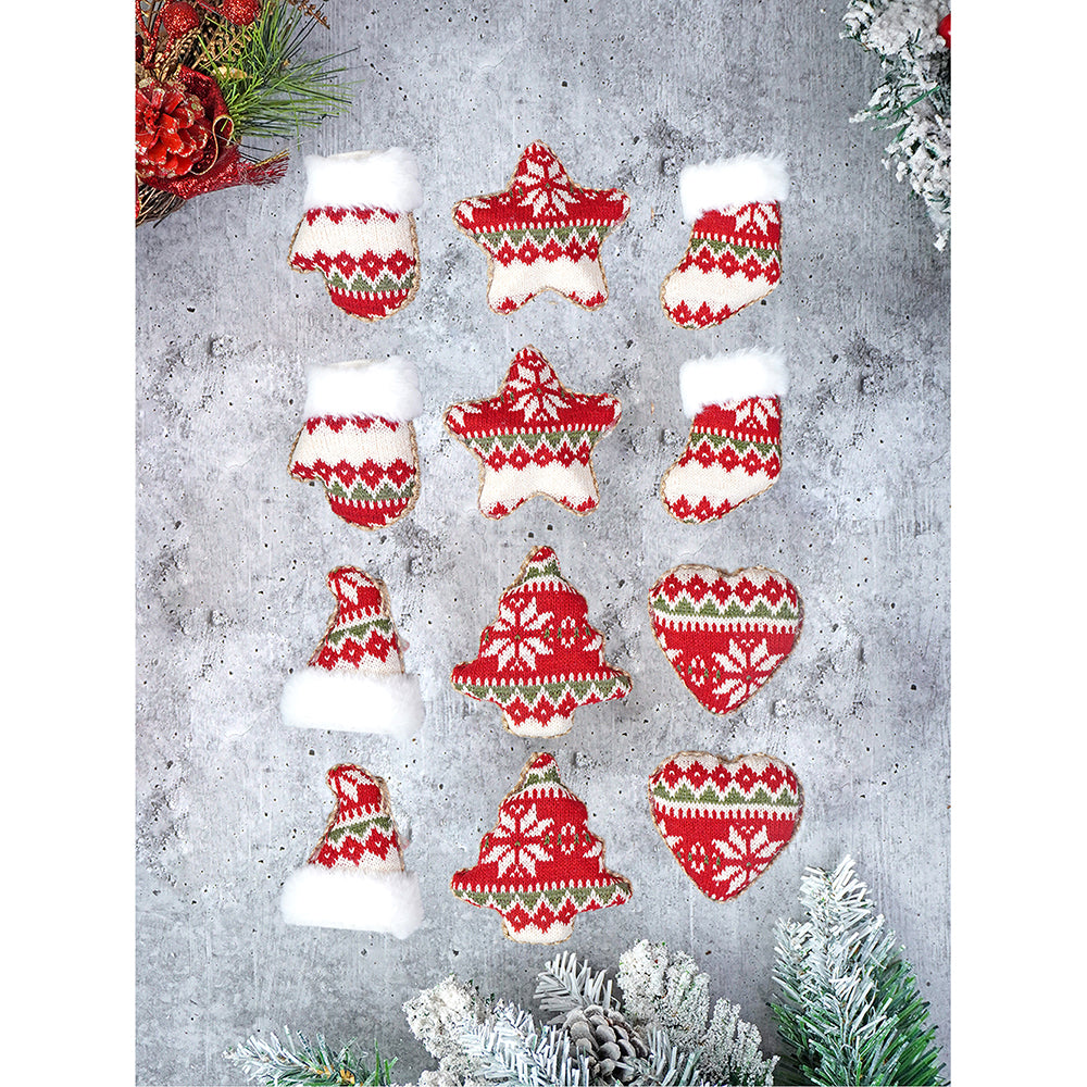 12 pcs Red Knitted Snowflakes themed Christmas Tree Ornaments