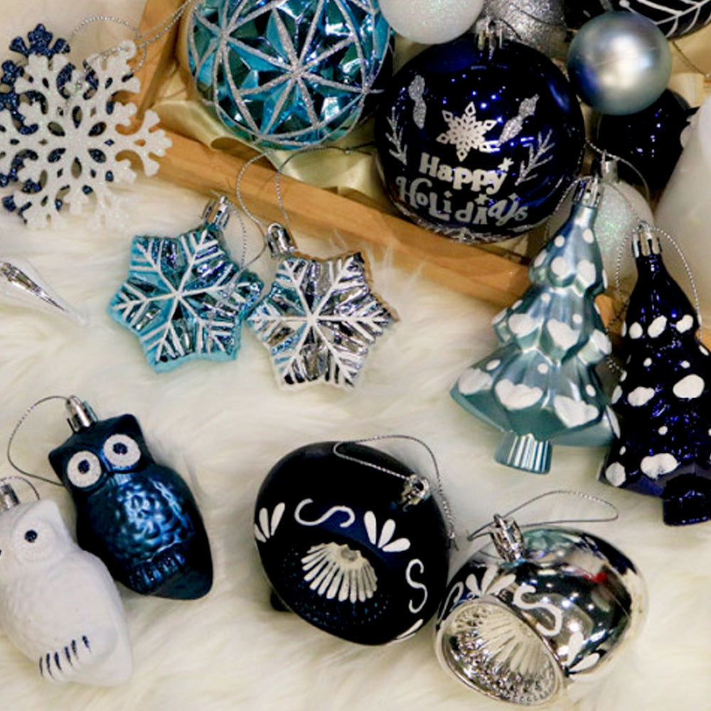 70pcs Blue & Silver Owl Chandelier themed  assorted Christmas Tree Balls & xmas decoration set