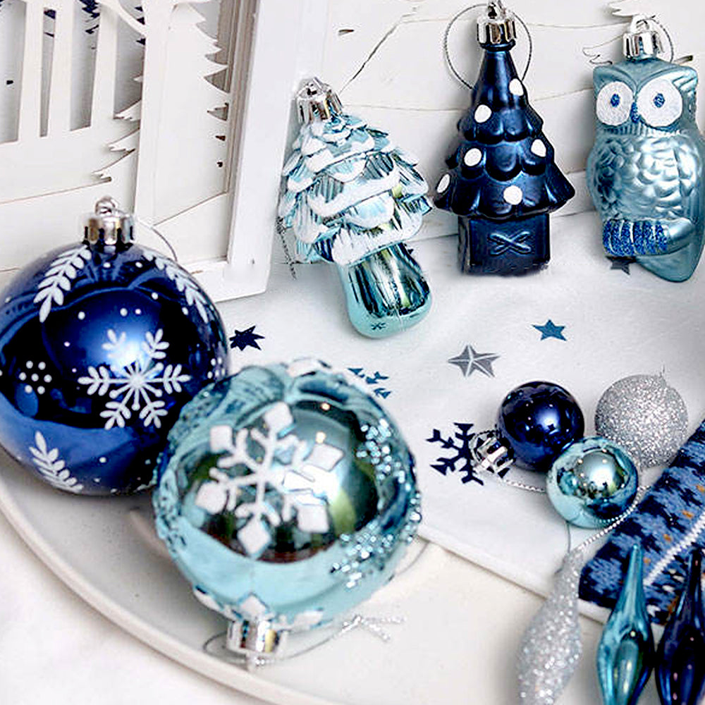 70pcs Blue & Silver Owl Chandelier themed  assorted Christmas Tree Balls & xmas decoration set
