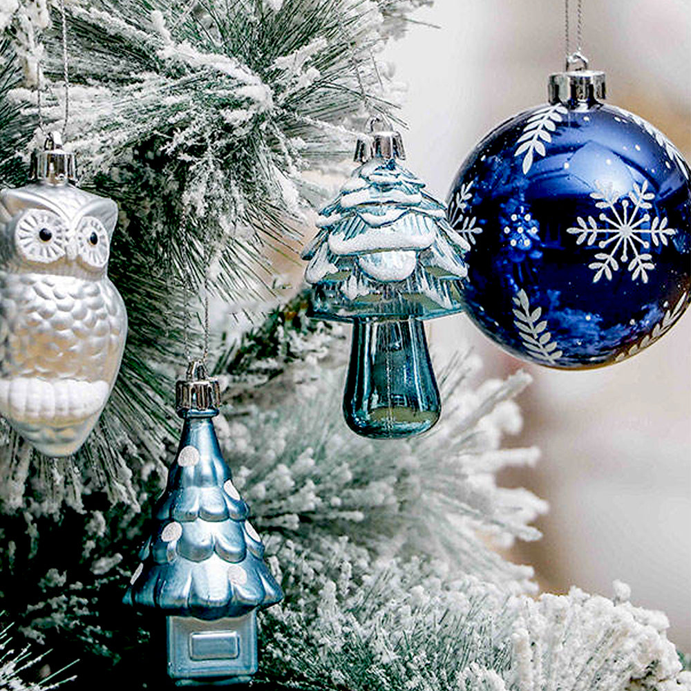 70pcs Blue & Silver Owl Chandelier themed  assorted Christmas Tree Balls & xmas decoration set