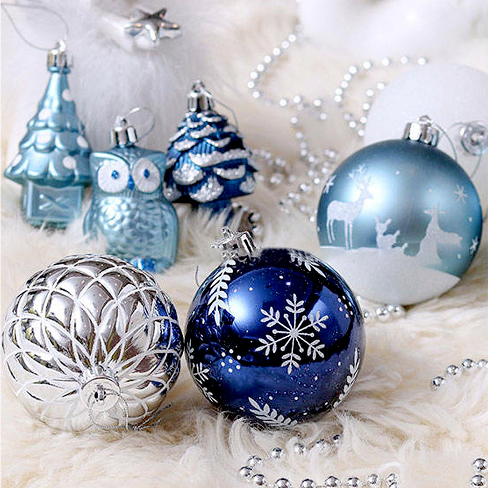 70pcs Blue & Silver Owl Chandelier themed  assorted Christmas Tree Balls & xmas decoration set
