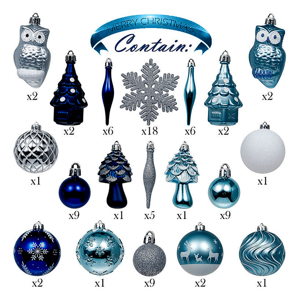 70pcs Blue & Silver Owl Chandelier themed  assorted Christmas Tree Balls & xmas decoration set