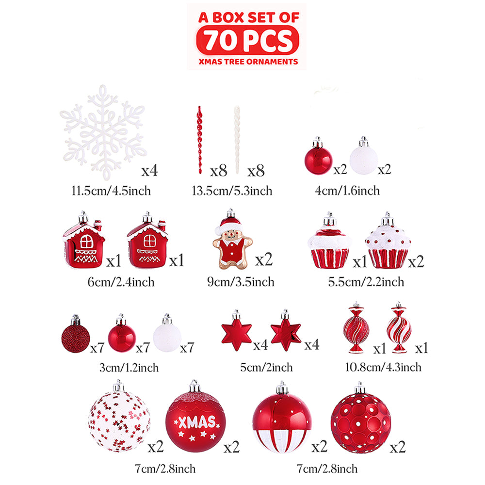 70 pcs Red & White gingerbread themed Christmas Balls tree hanging,Xmas Decoration set.