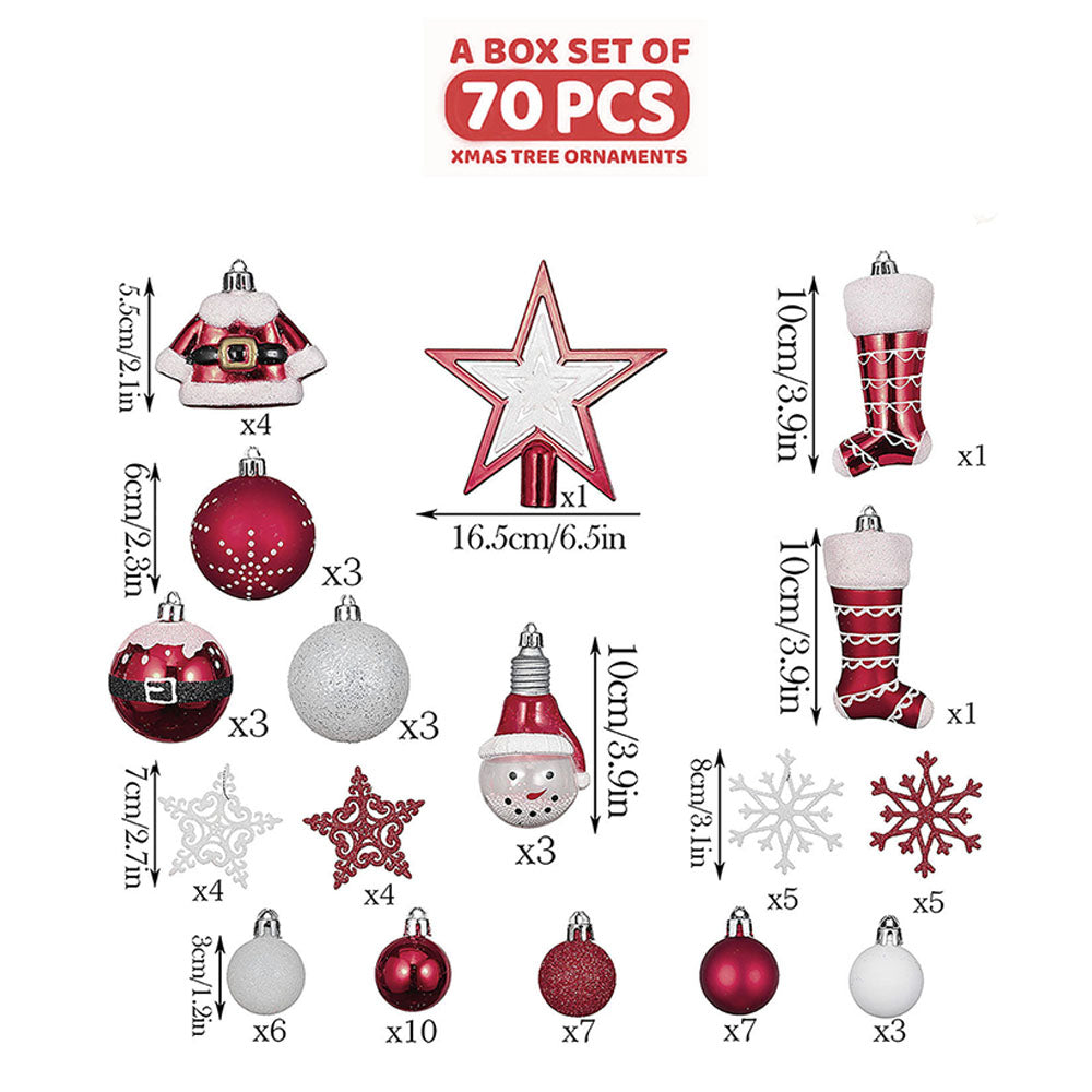 70 pcs Red & White Santa Claus themed Christmas Balls tree hanging, Xmas Decoration set.