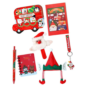 7 Pcs Premium Christmas Gift Combo Set– Red Bus Tin with Notebook, Elf Hat, Wrist Band & Accessories