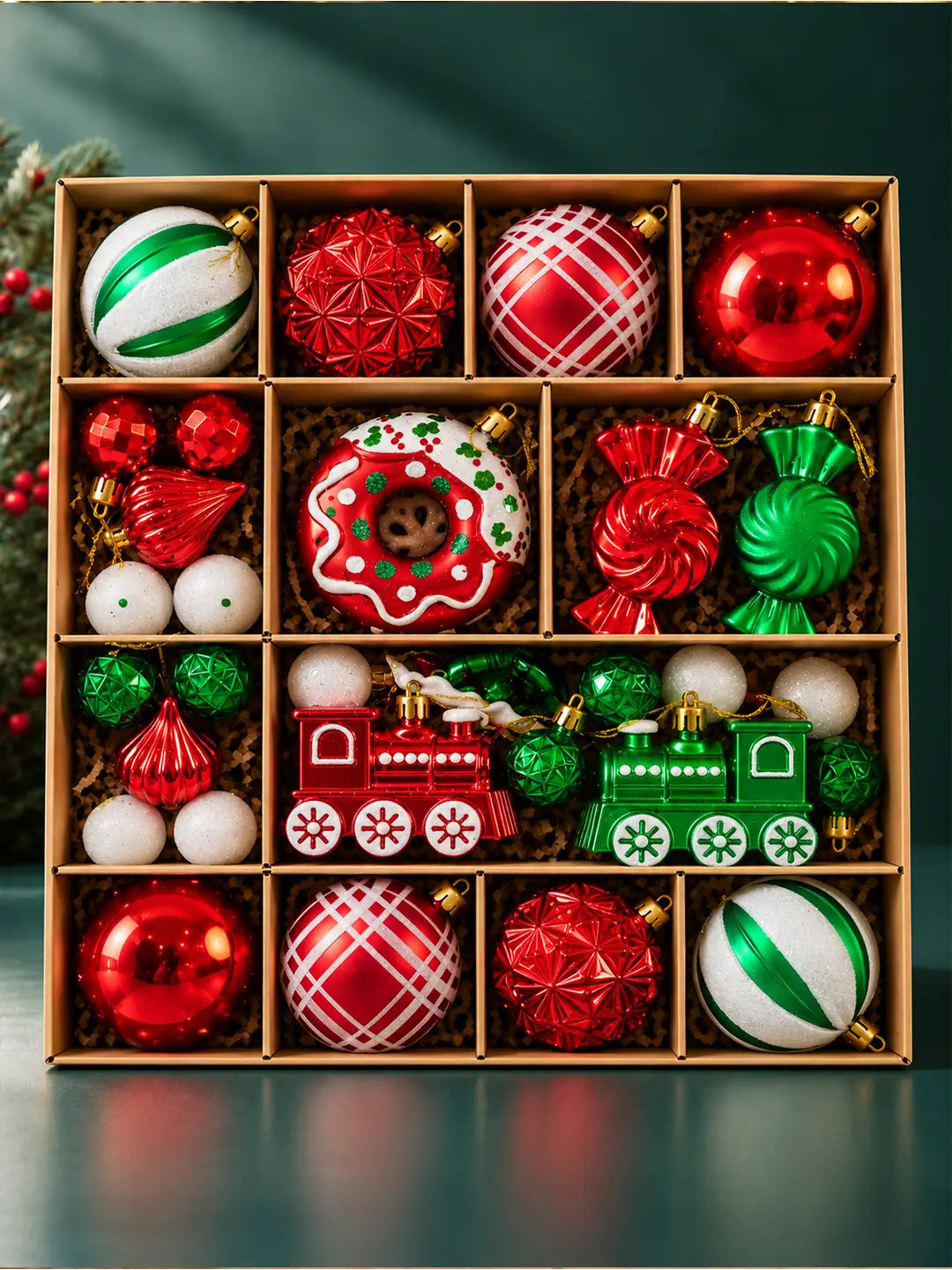 82 pcs Donut Express Red & Green Christmas Tree Ornaments, Xmas Tree Decoration Balls Set