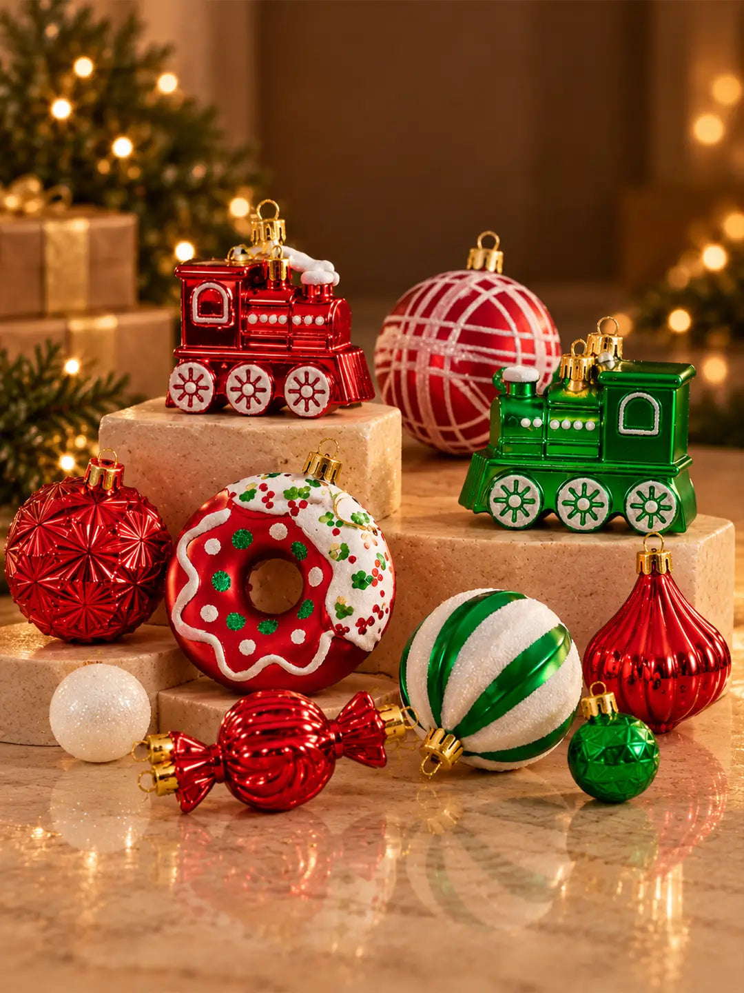 82 pcs Donut Express Red & Green Christmas Tree Ornaments, Xmas Tree Decoration Balls Set