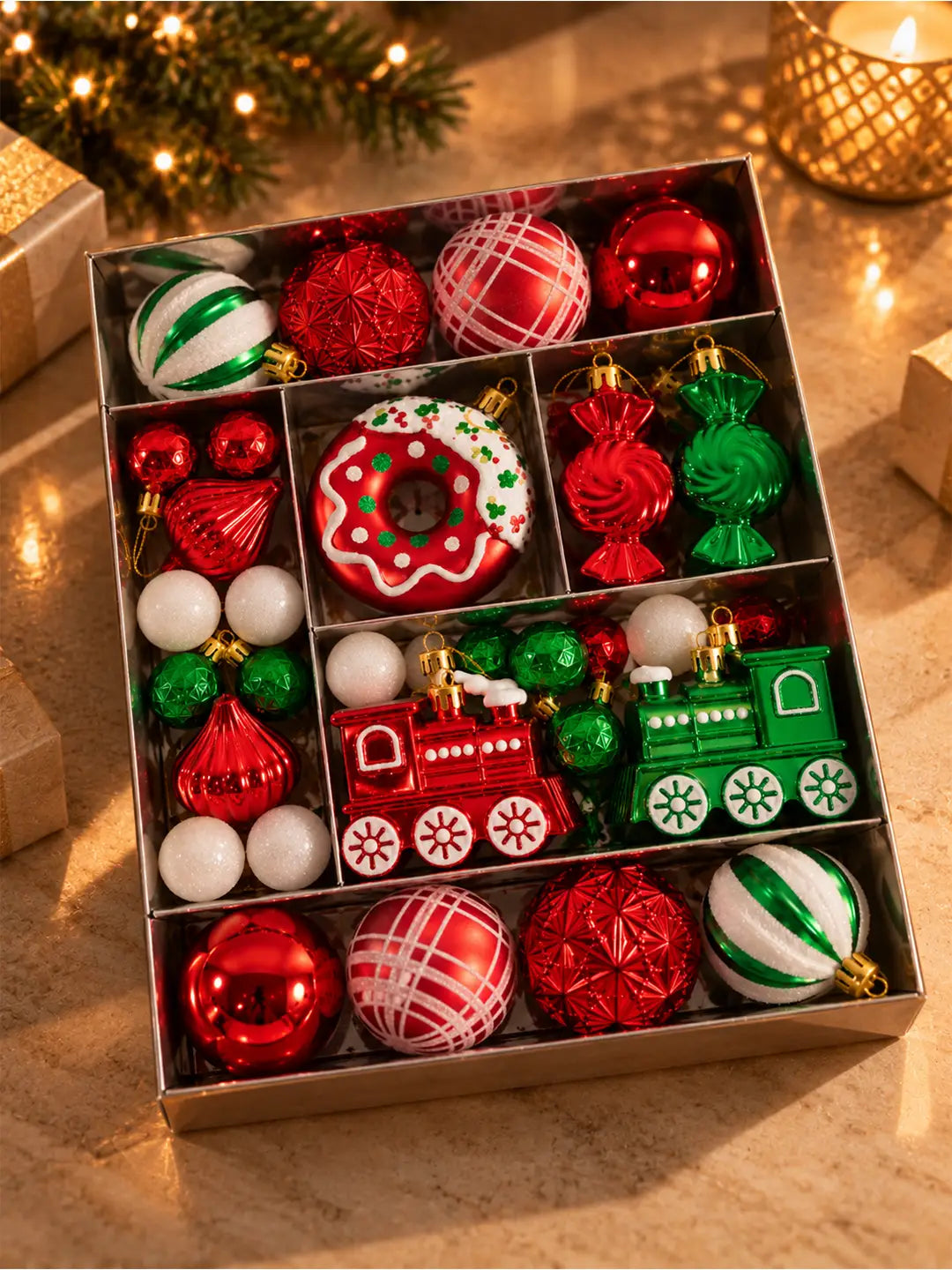 82 pcs Donut Express Red & Green Christmas Tree Ornaments, Xmas Tree Decoration Balls Set