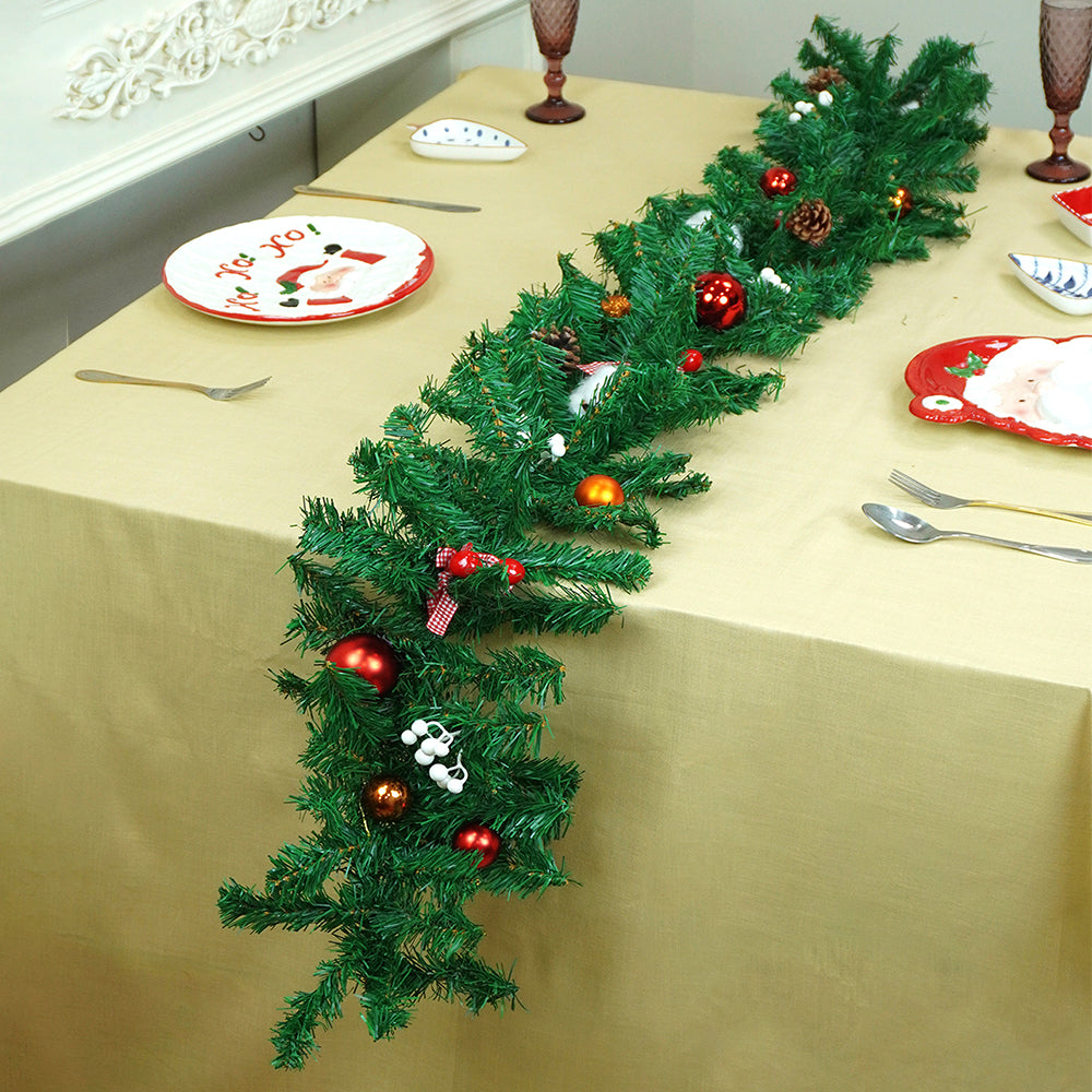 8 feet Bushy Deep Green Xmas Garland filled with cotton flowers, Bows, Cherries & big size Pinecones Christmas Garland for Home and Table Décor