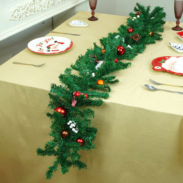 8 feet Bushy Deep Green Xmas Garland filled with cotton flowers, Bows, Cherries & big size Pinecones Christmas Garland for Home and Table Décor