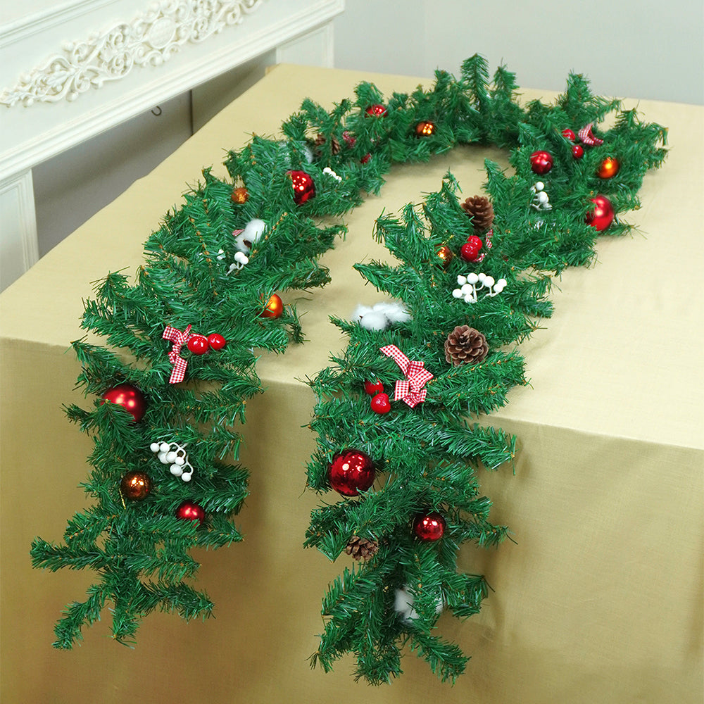8 feet Bushy Deep Green Xmas Garland filled with cotton flowers, Bows, Cherries & big size Pinecones Christmas Garland for Home and Table Décor
