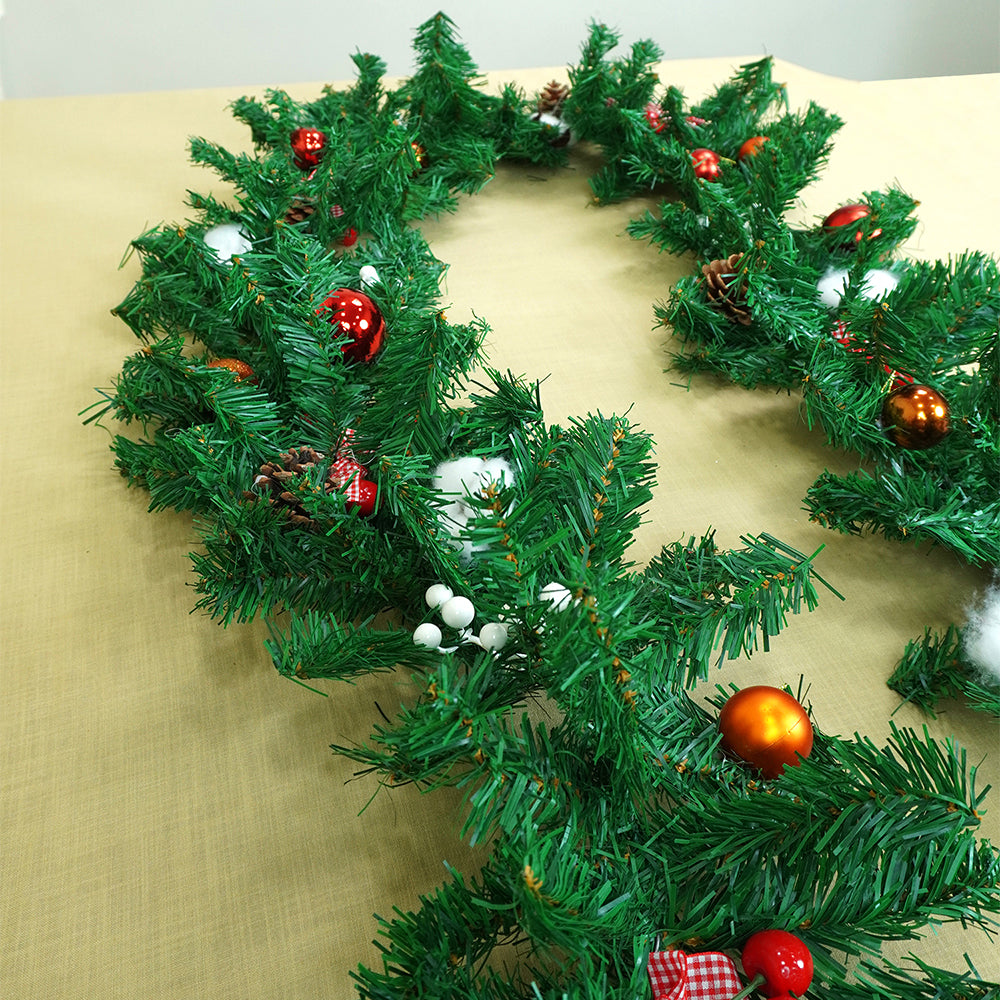 8 feet Bushy Deep Green Xmas Garland filled with cotton flowers, Bows, Cherries & big size Pinecones Christmas Garland for Home and Table Décor