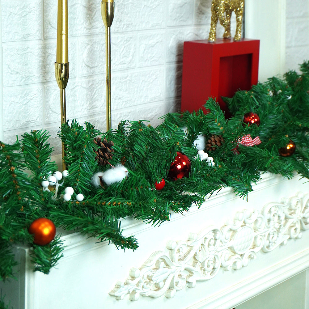 8 feet Bushy Deep Green Xmas Garland filled with cotton flowers, Bows, Cherries & big size Pinecones Christmas Garland for Home and Table Décor